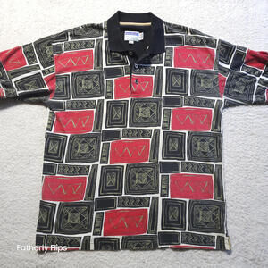 Vintage Reebok Golf Polo Short Sleeve 90s Geometric Block Print Medium Black Red